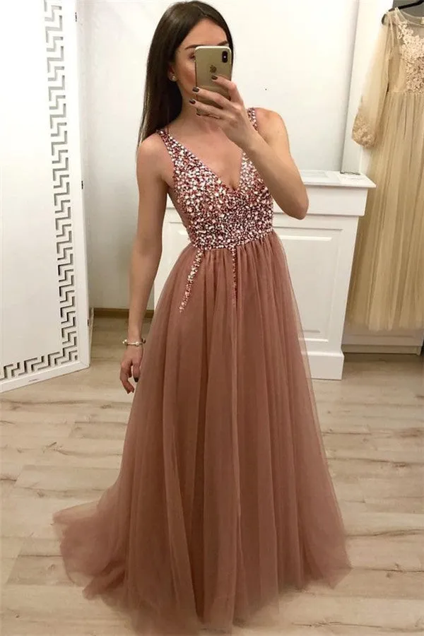 Sleeveless Crystal Sequins V-Neck Elegant Lace-Up Evening Dresses