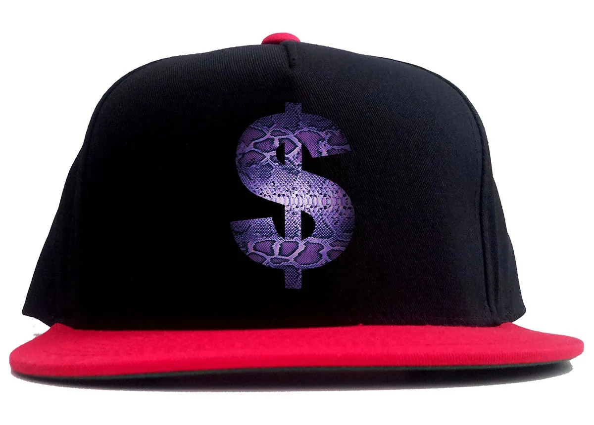 Snakeskin Money Sign Purple Animal Print 2 Tone Snapback Hat