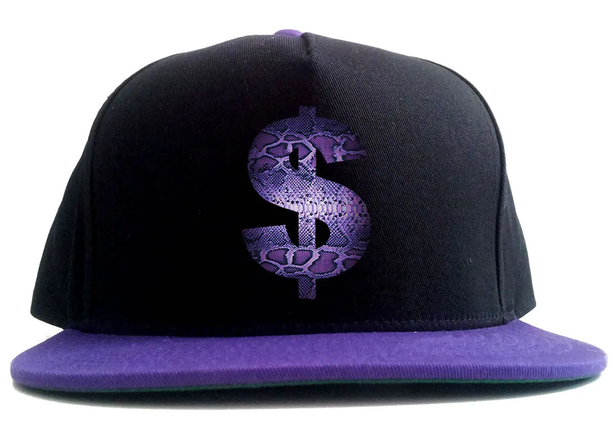 Snakeskin Money Sign Purple Animal Print 2 Tone Snapback Hat