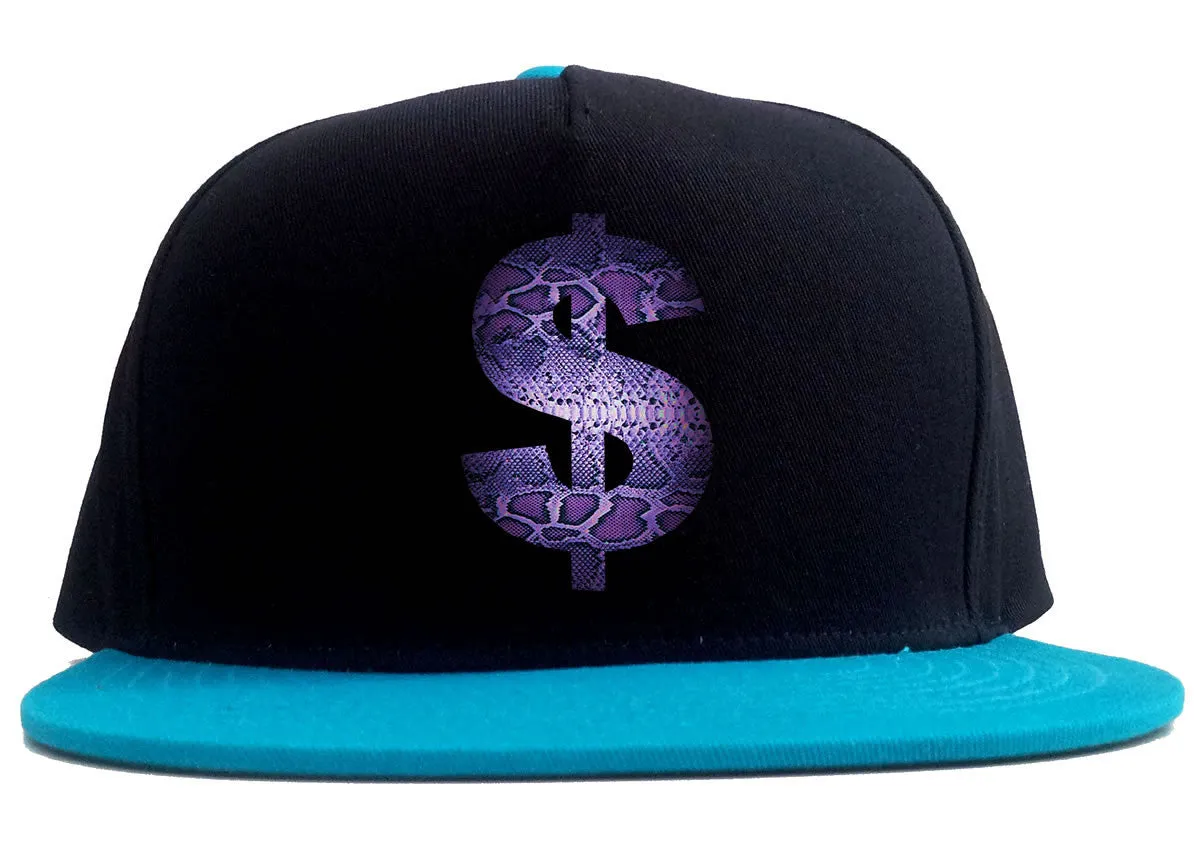 Snakeskin Money Sign Purple Animal Print 2 Tone Snapback Hat