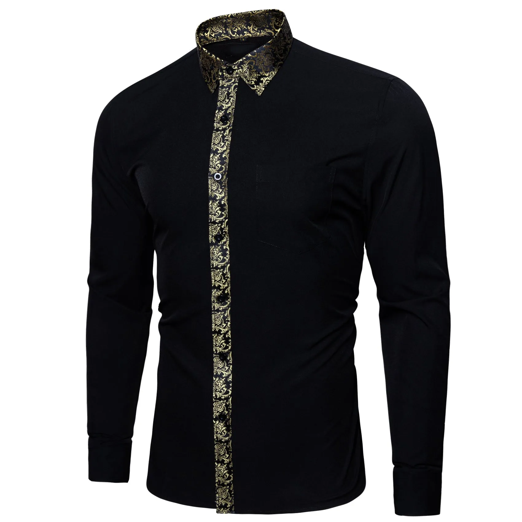 Splicing Style White with Champagne Floral Edge Men's Long Sleeve Shirt