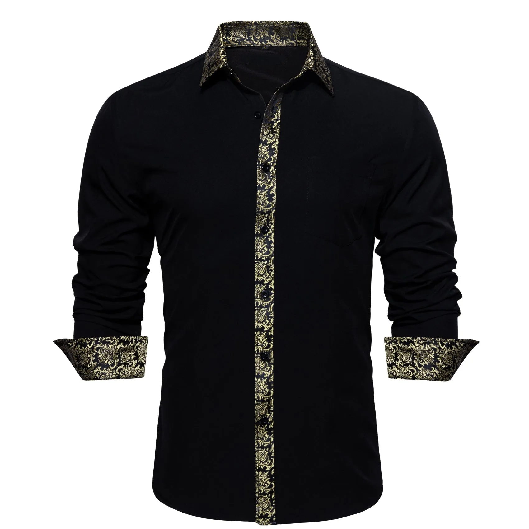 Splicing Style White with Champagne Floral Edge Men's Long Sleeve Shirt