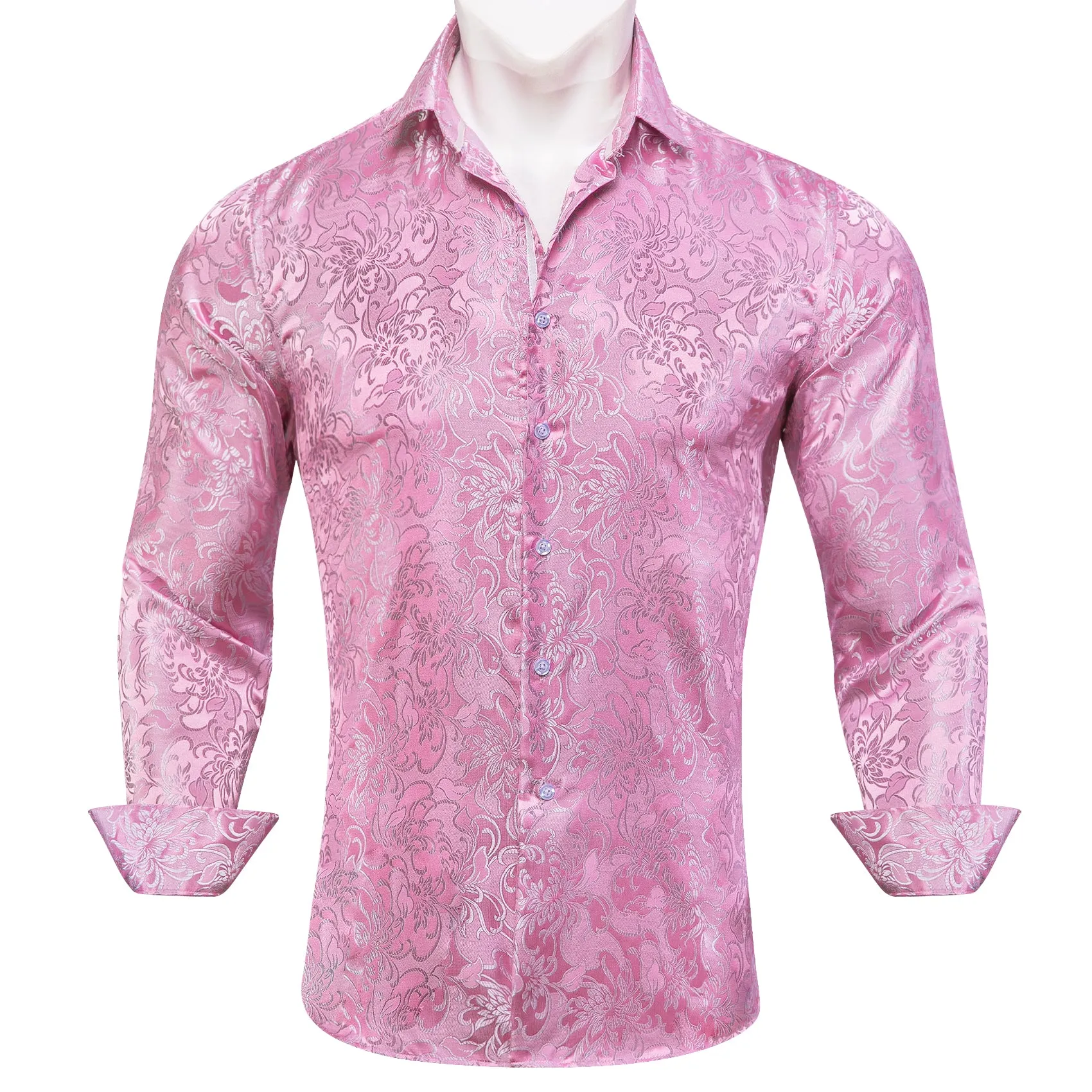 Spring Pink Floral Silk Men's Long Sleeve Shirt