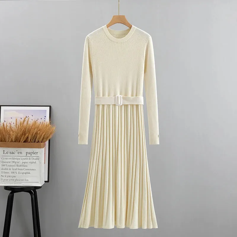 Stretchy Knitted Long Sleeve Pullover Belted Dresses