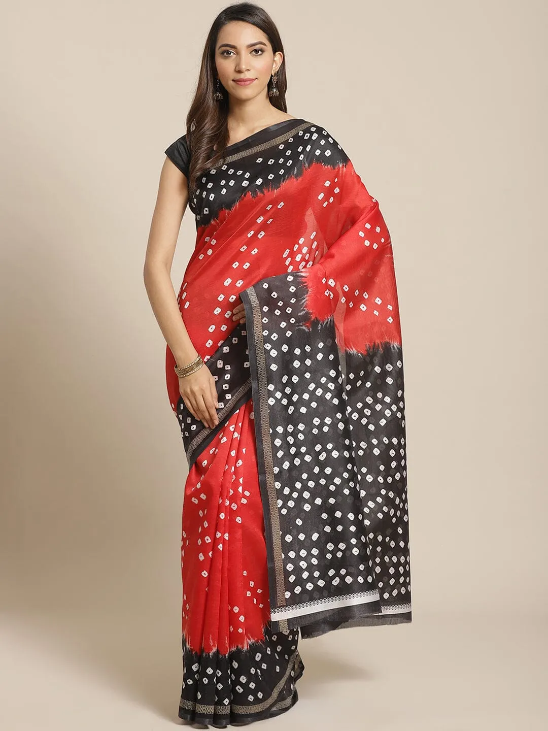 SVB Saree Red And Black Bandhej Silk saree