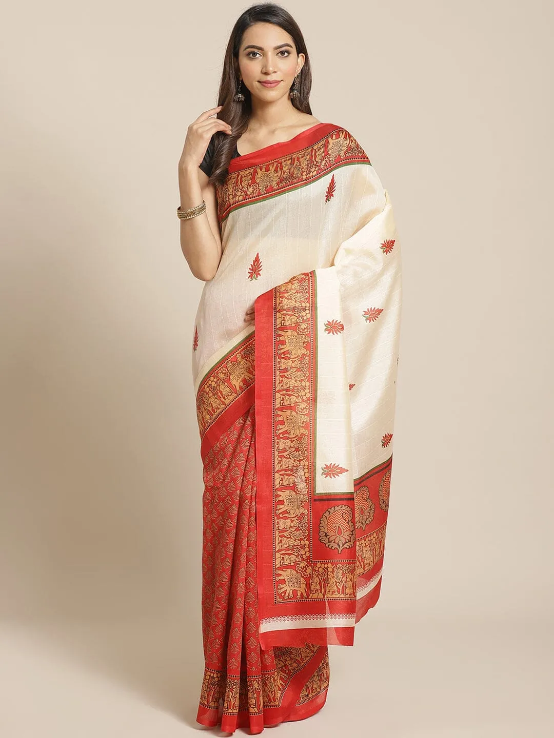 SVB Saree White And Red Animal Print Saree