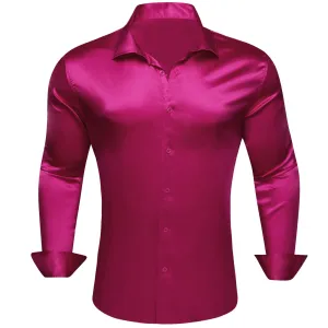 Ties2you Button Shirt Rich Maroon Pink Solid Satin Mens Long Sleeve Dress Shirt