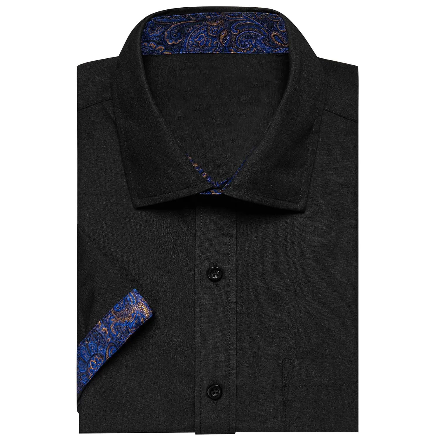 Ties2you Dress Shirt Design Black Blue Splicing Mens Silk Short Sleeve Shirt