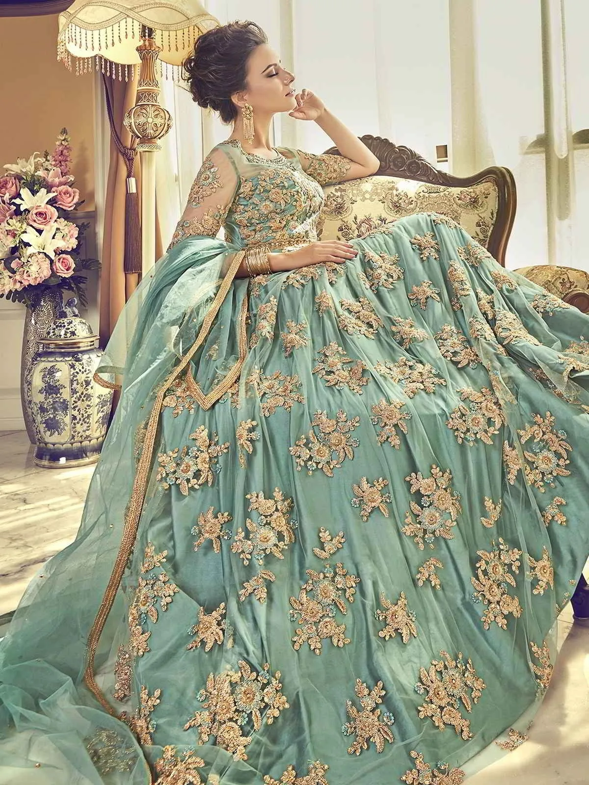 Turquoise Floral Embroidered Designer Bridal Anarkali Suit