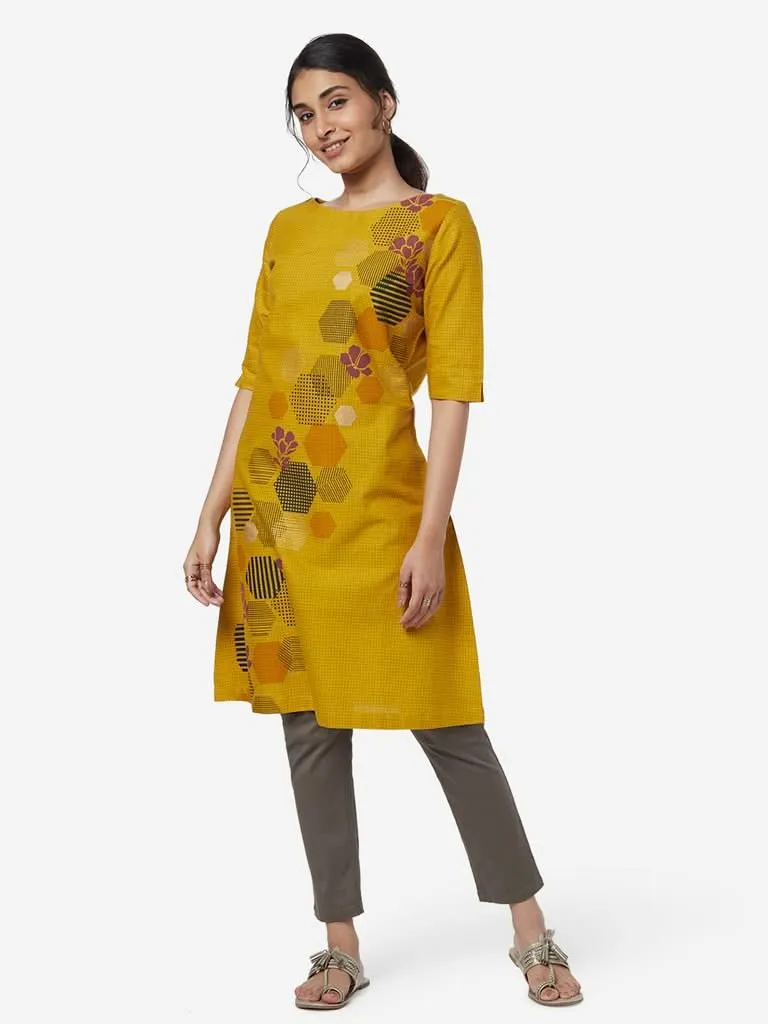 Utsa Mustard A-Line Checkered Kurta