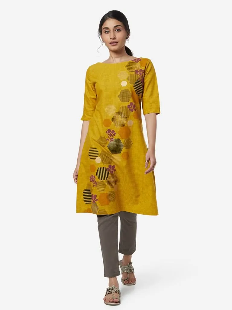 Utsa Mustard A-Line Checkered Kurta