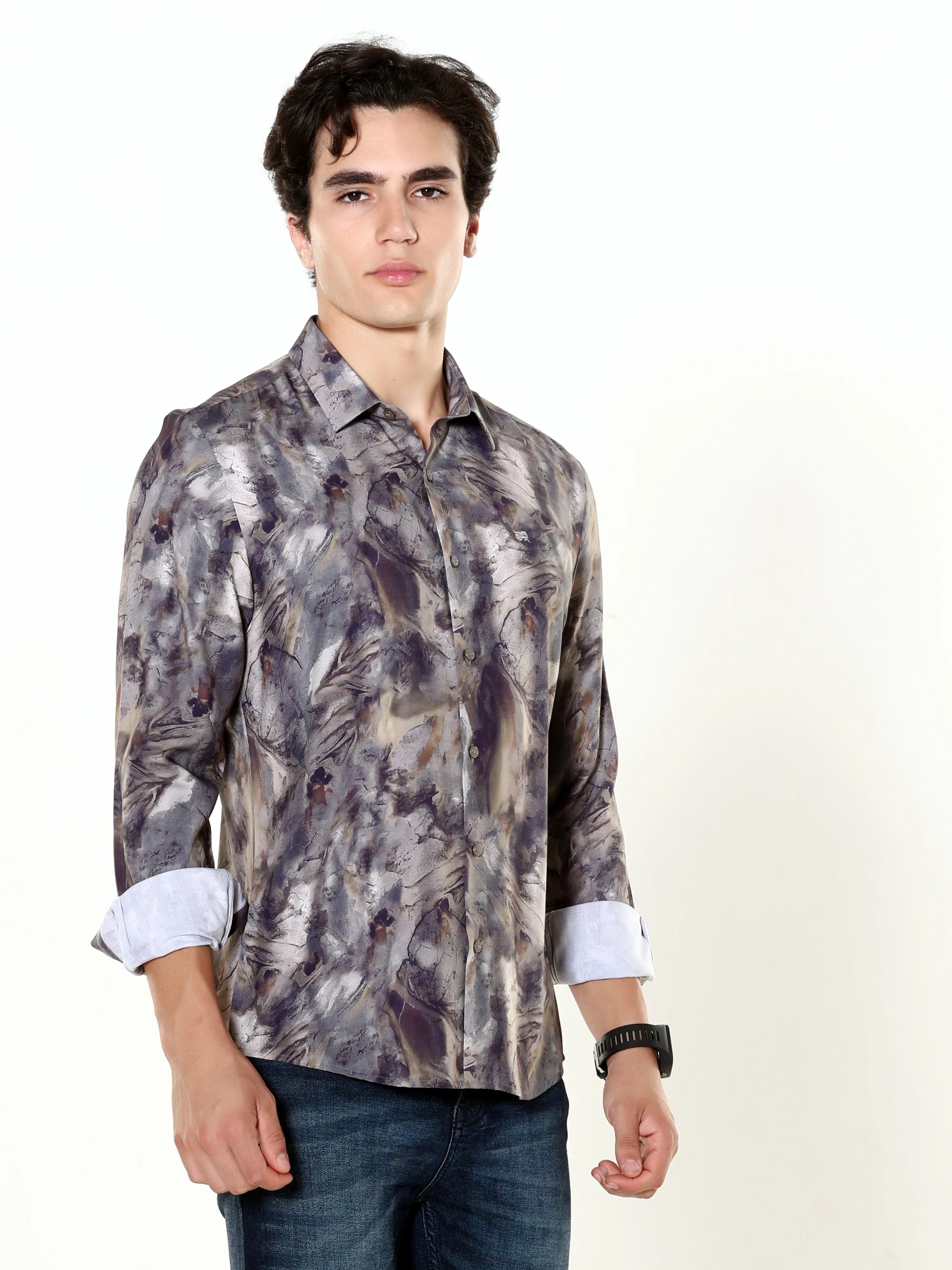 Verdant Wave Greyish Brown Digital Print Shirt