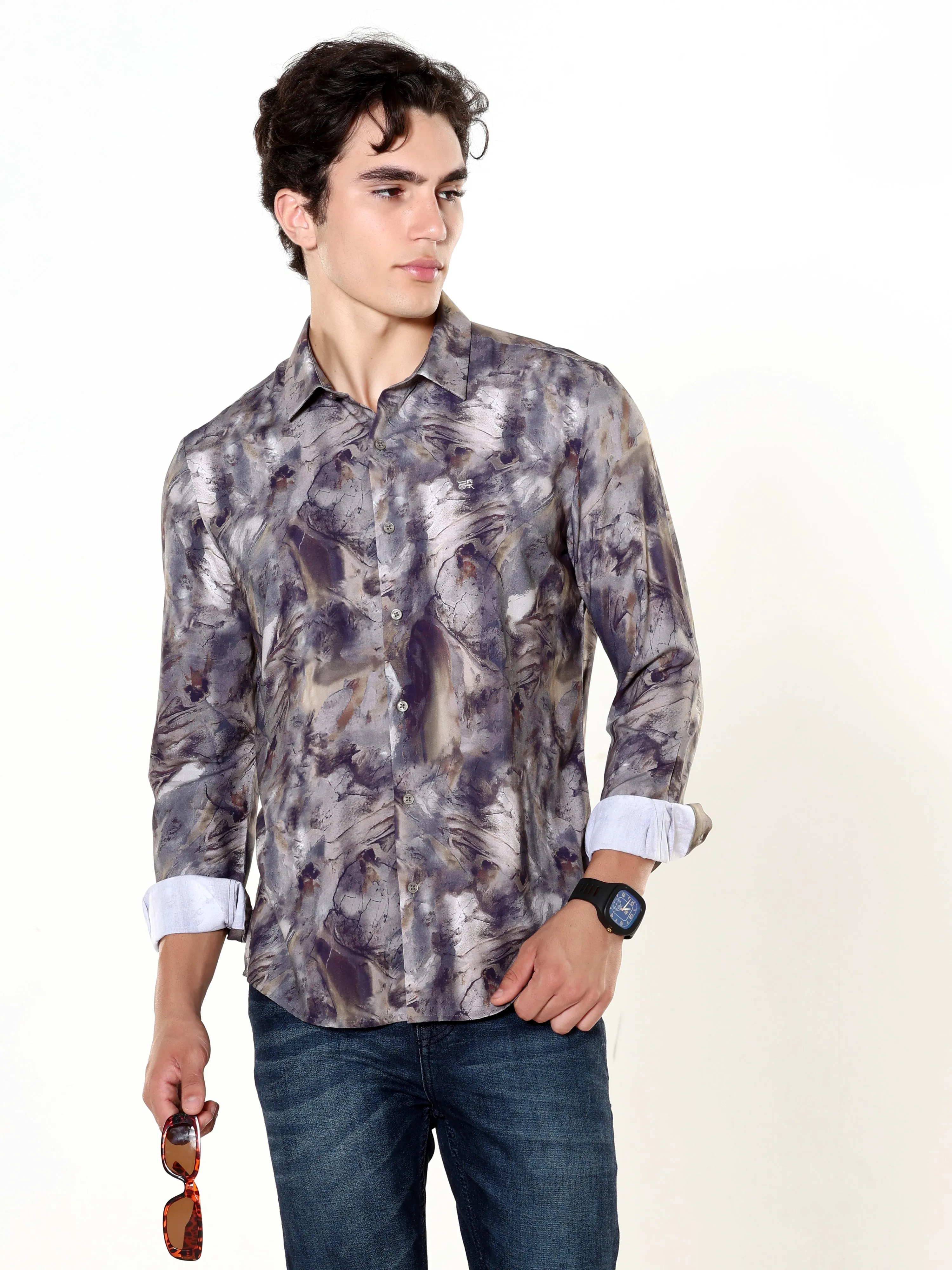 Verdant Wave Greyish Brown Digital Print Shirt