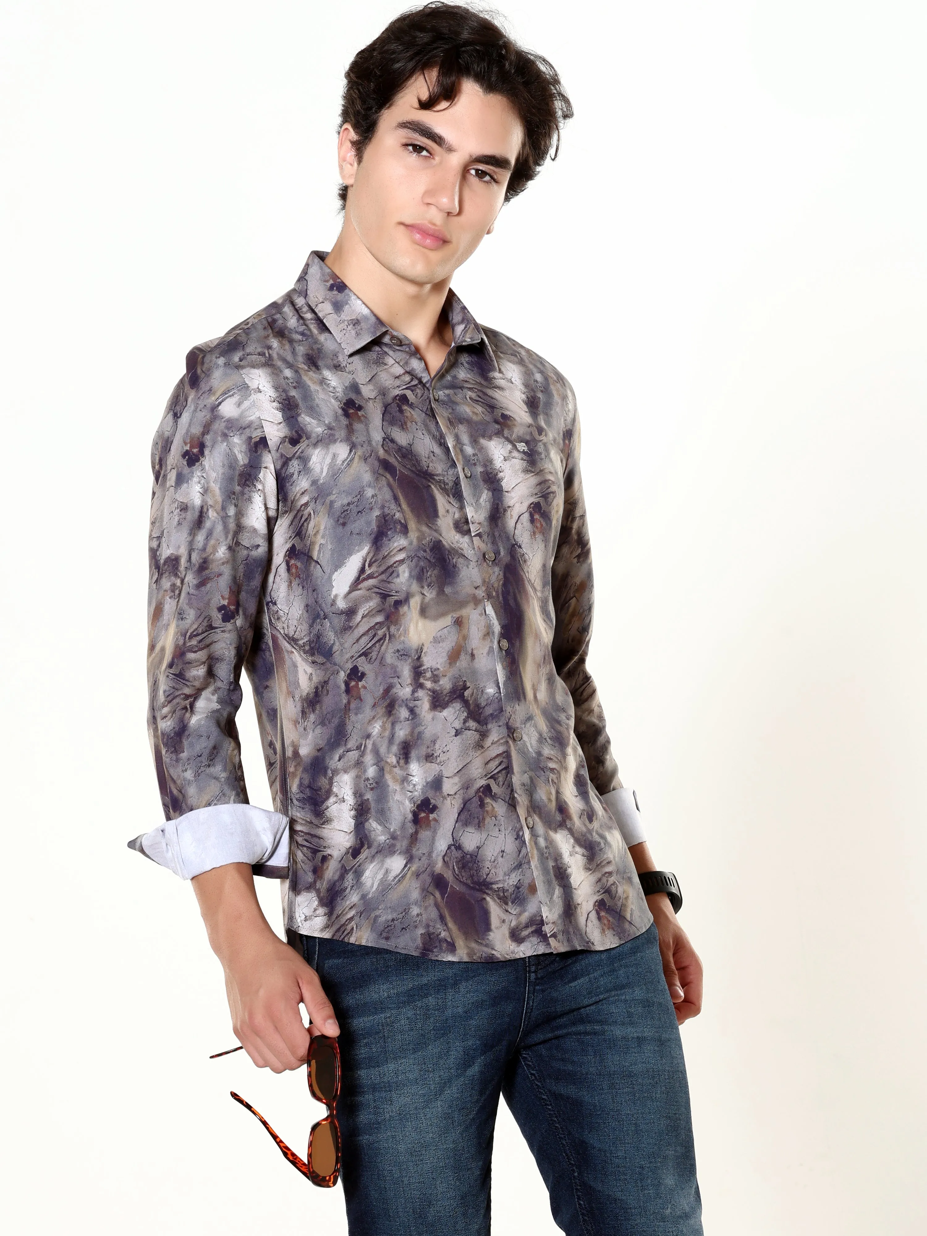 Verdant Wave Greyish Brown Digital Print Shirt