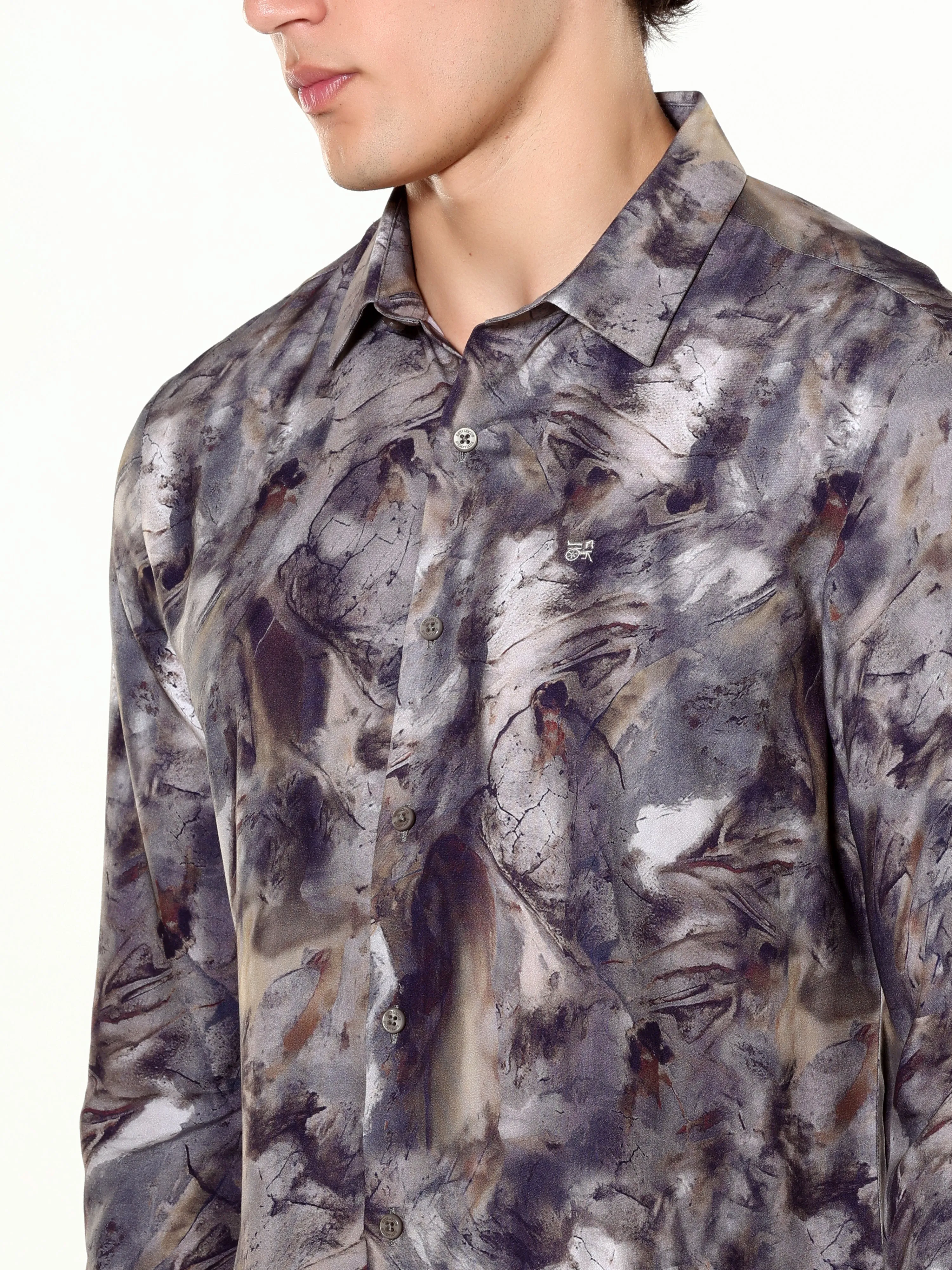 Verdant Wave Greyish Brown Digital Print Shirt