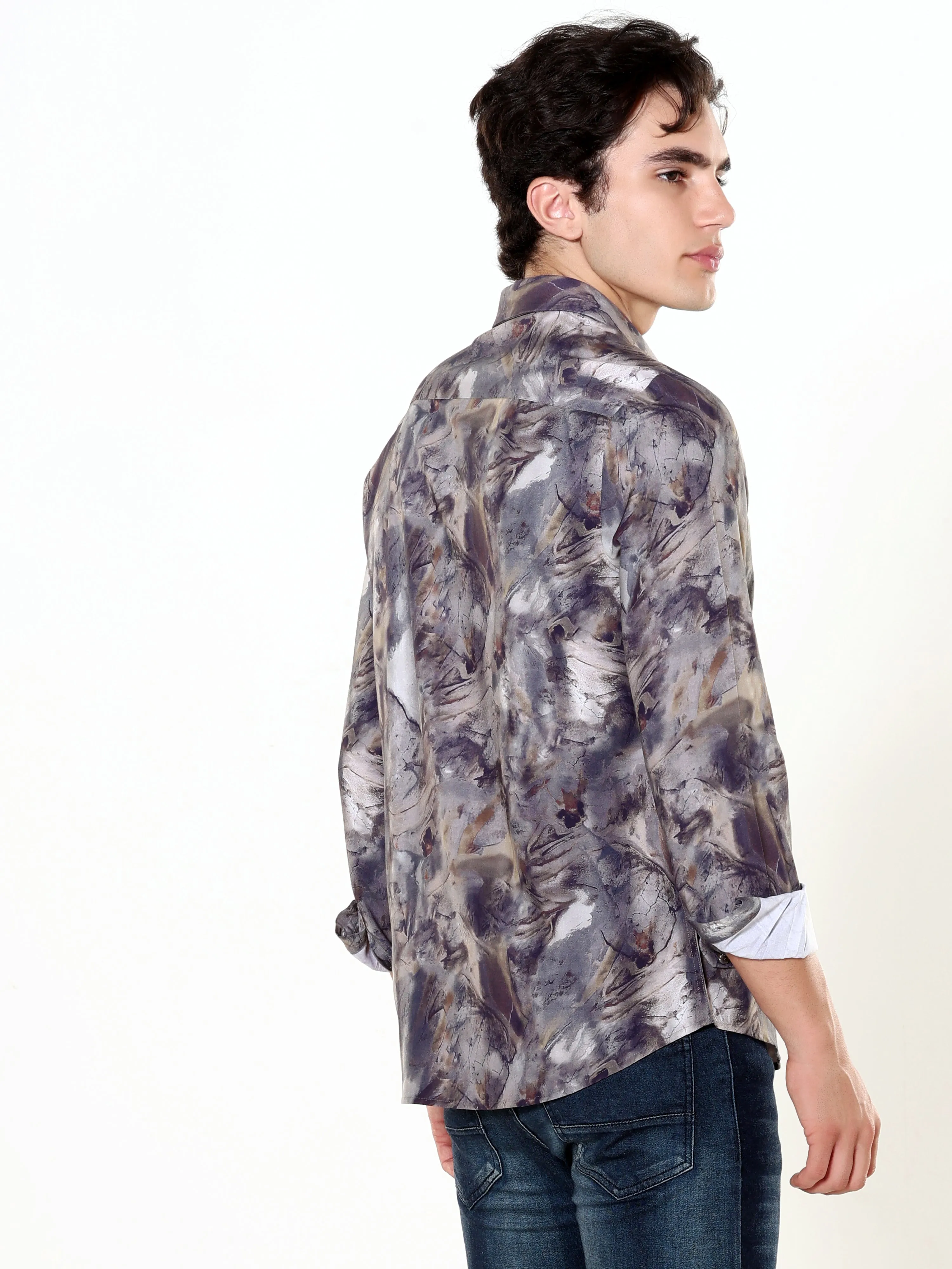 Verdant Wave Greyish Brown Digital Print Shirt