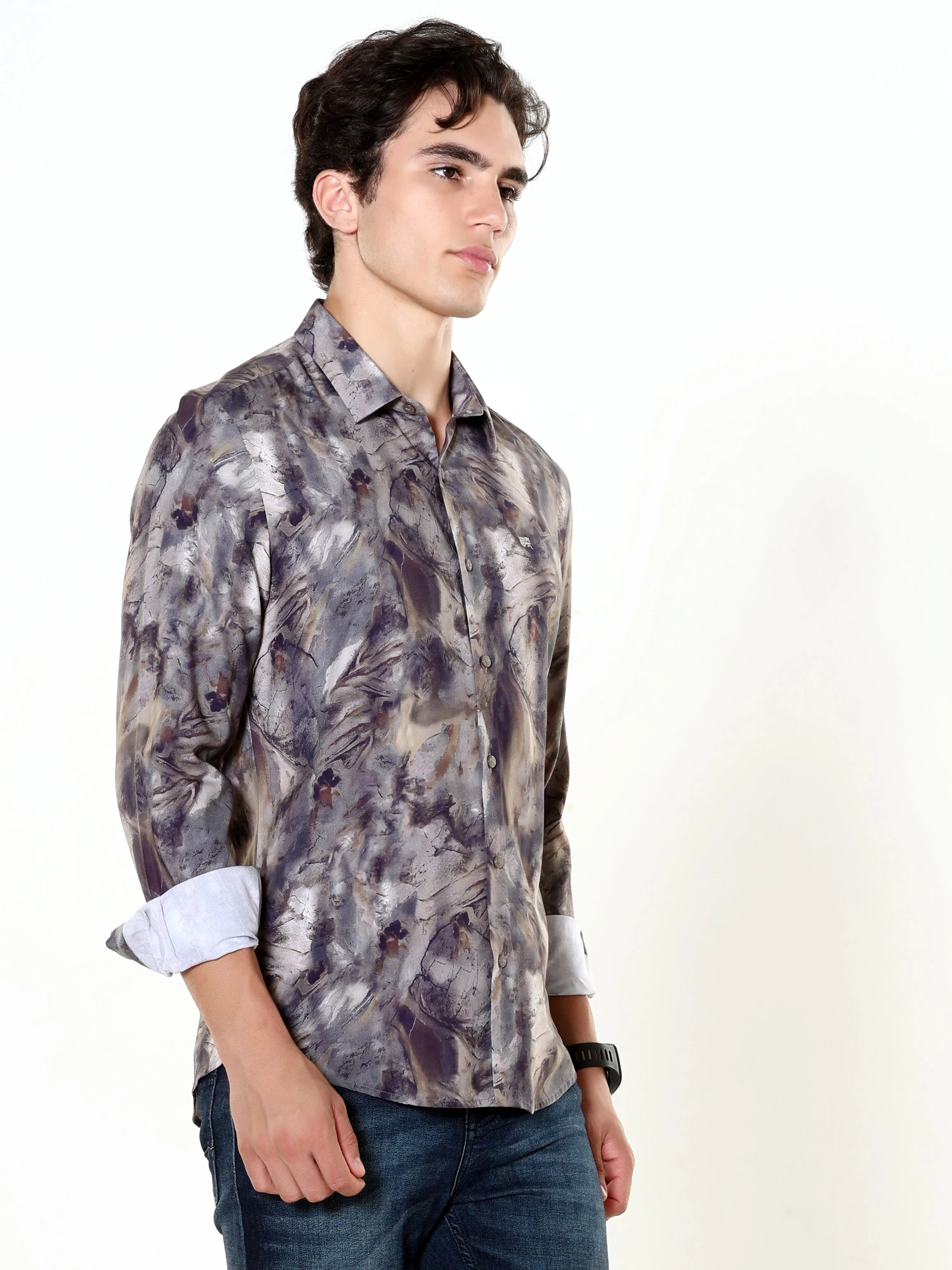 Verdant Wave Greyish Brown Digital Print Shirt