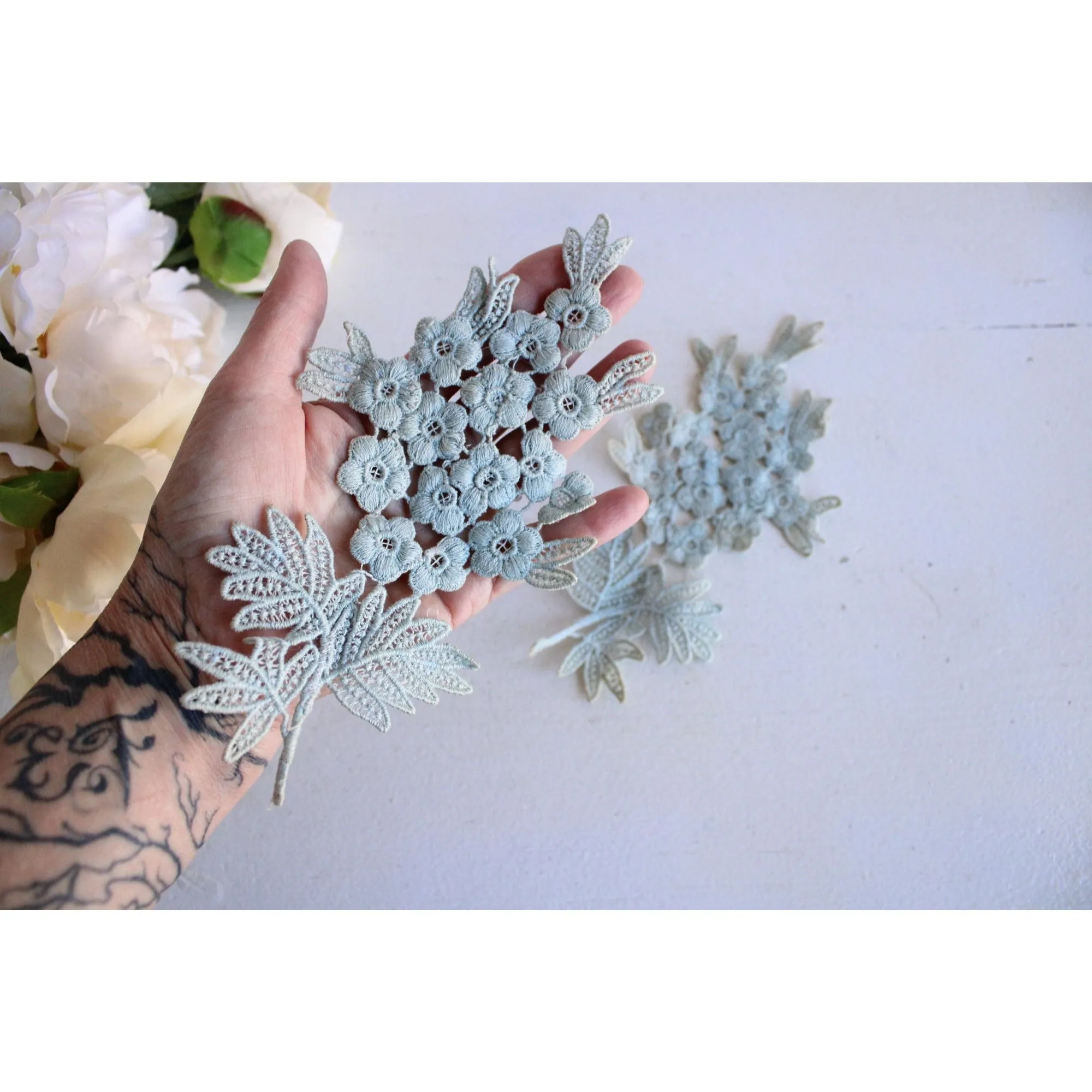 Vintage Blue Appliques, 1 pair Floral Spray, 8.5" long each. 4.25" width