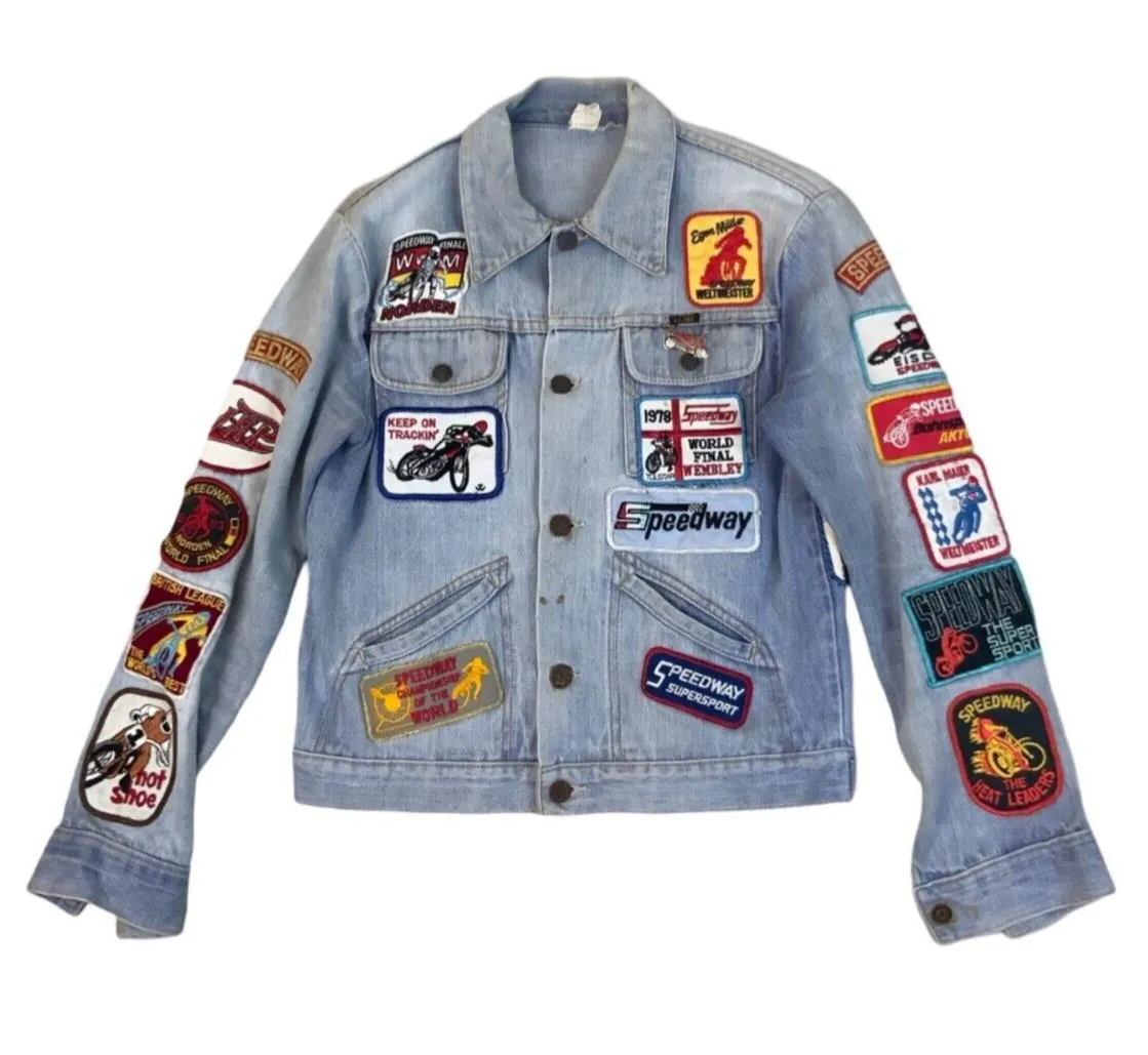 VTG DENIM JACKET 70s 80s SPEEDWAY RACING PATCHES X 28 JAP BIKE GRASSTRACK XS 34