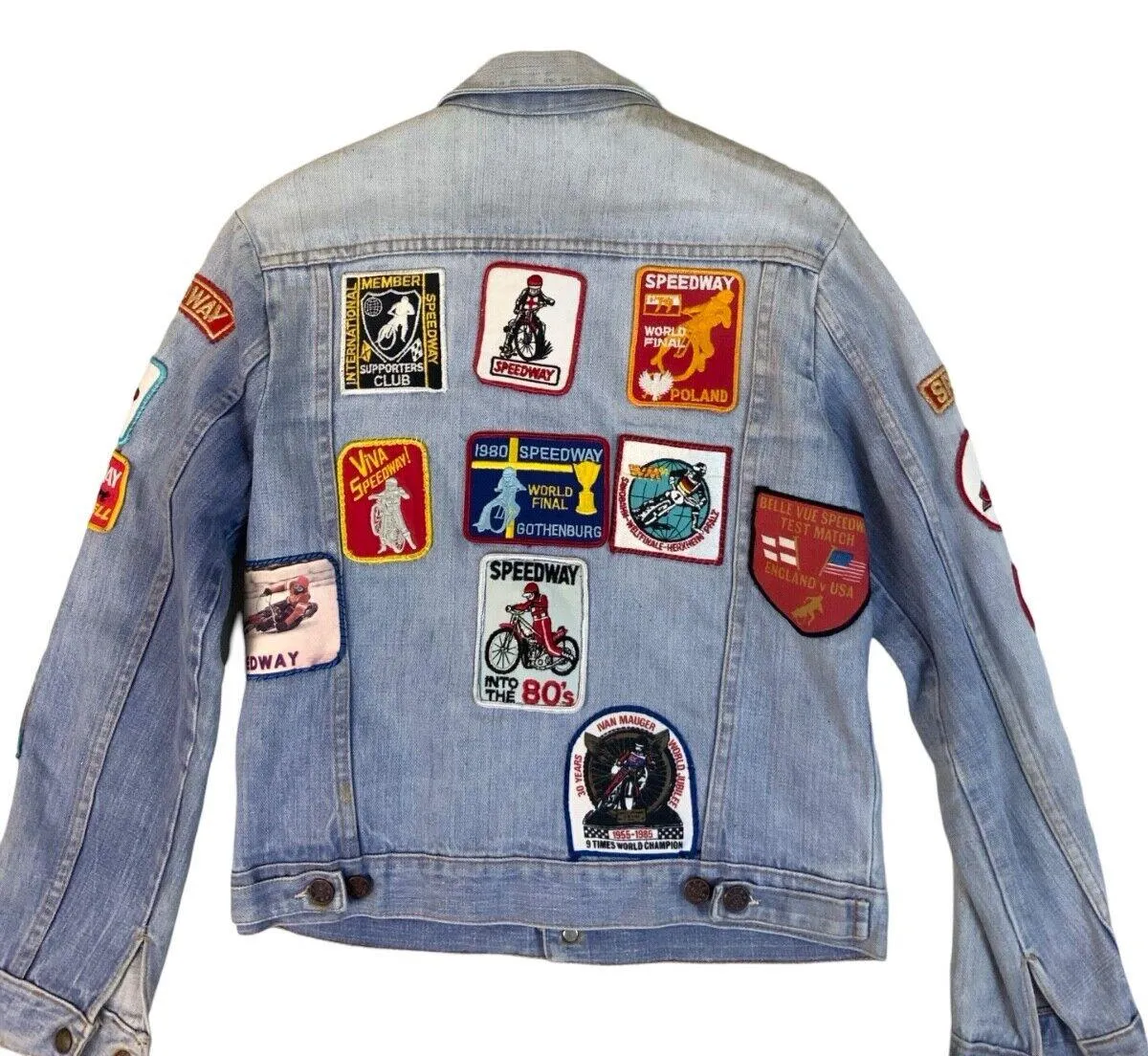 VTG DENIM JACKET 70s 80s SPEEDWAY RACING PATCHES X 28 JAP BIKE GRASSTRACK XS 34