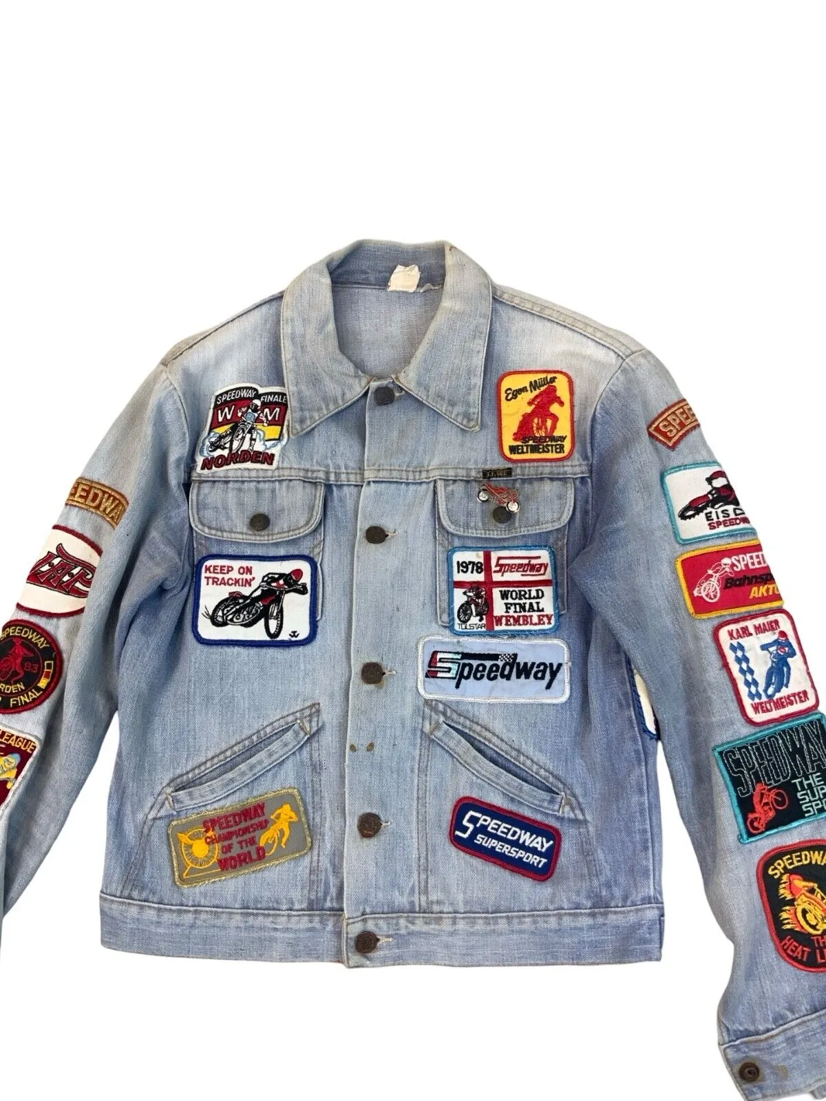 VTG DENIM JACKET 70s 80s SPEEDWAY RACING PATCHES X 28 JAP BIKE GRASSTRACK XS 34