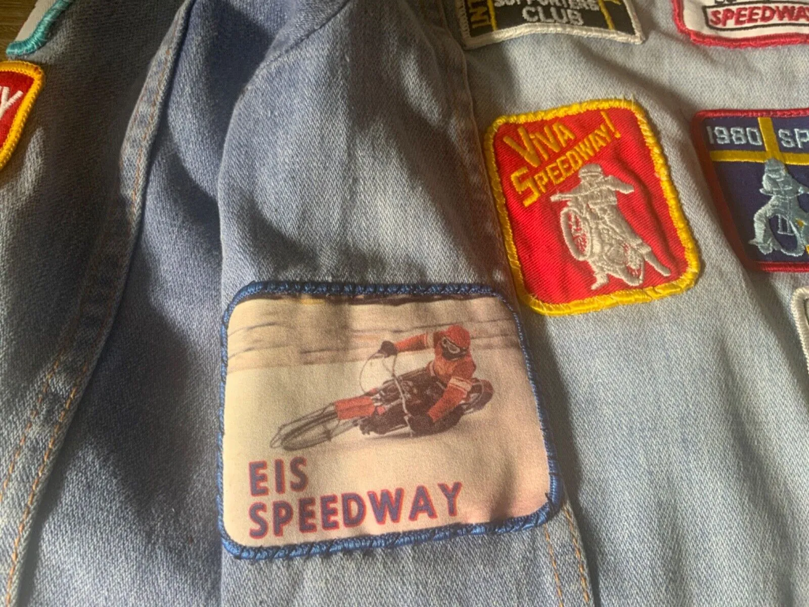 VTG DENIM JACKET 70s 80s SPEEDWAY RACING PATCHES X 28 JAP BIKE GRASSTRACK XS 34