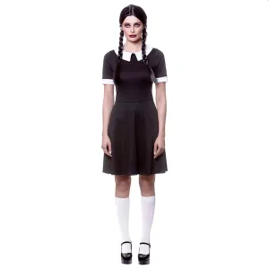 Womens Creepy School Girl Black Dress Wednesday Addams Costume