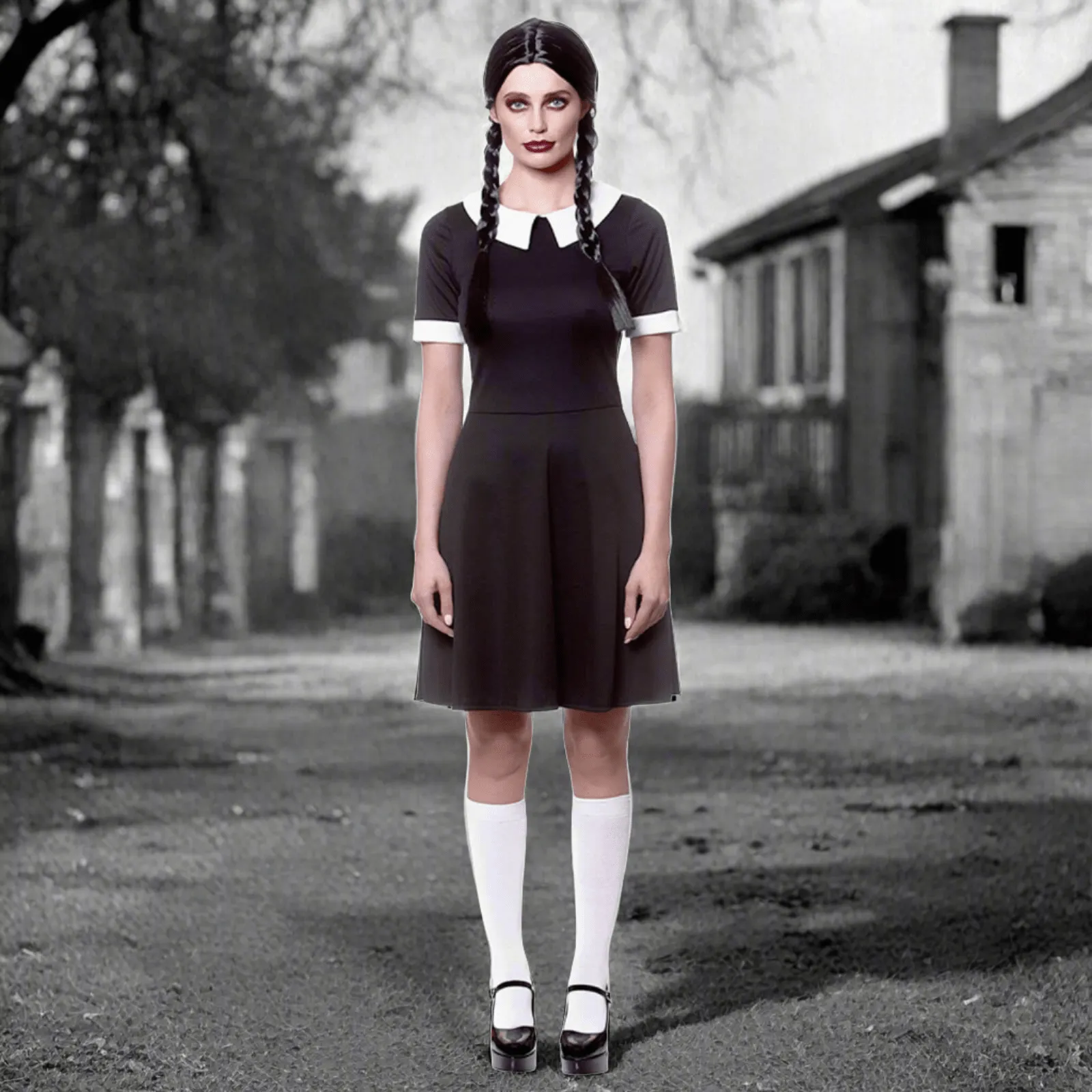 Womens Creepy School Girl Black Dress Wednesday Addams Costume