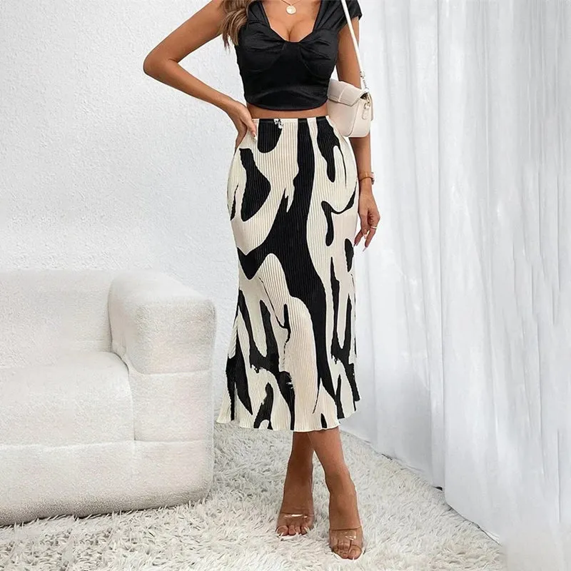 Women's Elegant Graphic Print Pleated Mermaid Skirt