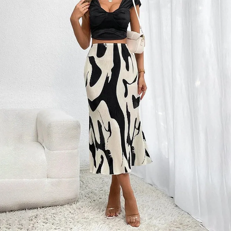 Women's Elegant Graphic Print Pleated Mermaid Skirt