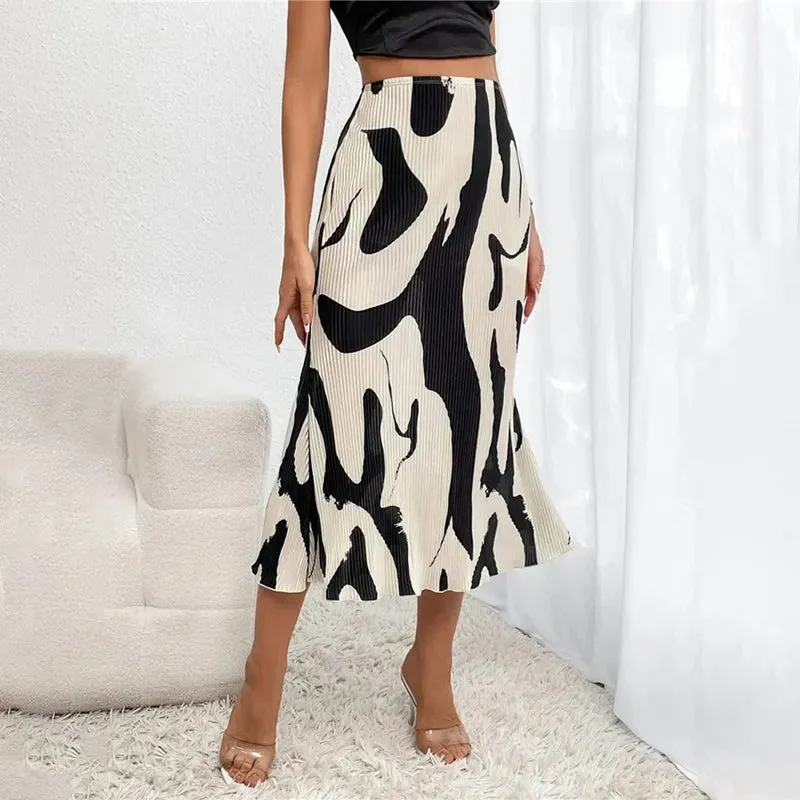 Women's Elegant Graphic Print Pleated Mermaid Skirt