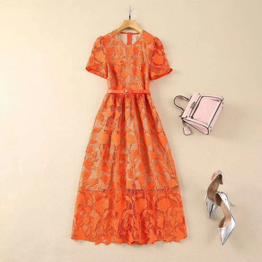 Women's Elegant Vintage Crocheted Round Neck Short Sleeve Dress