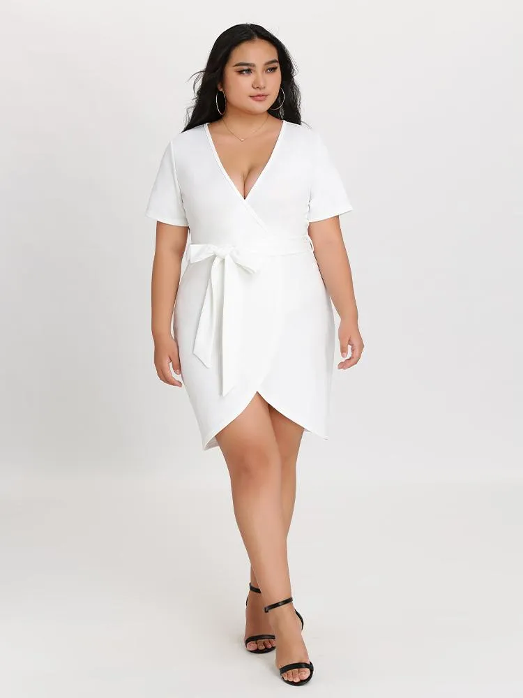 Wrap V Neck Solid Dress