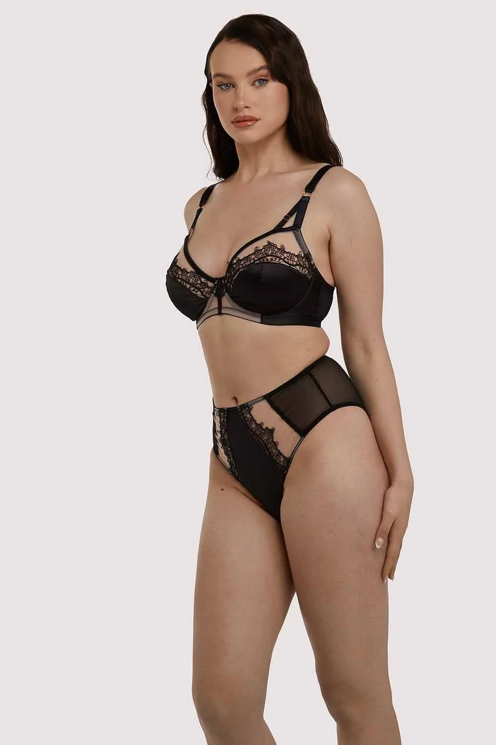 Wren Black Illusion Mesh and Satin High Waist Brief