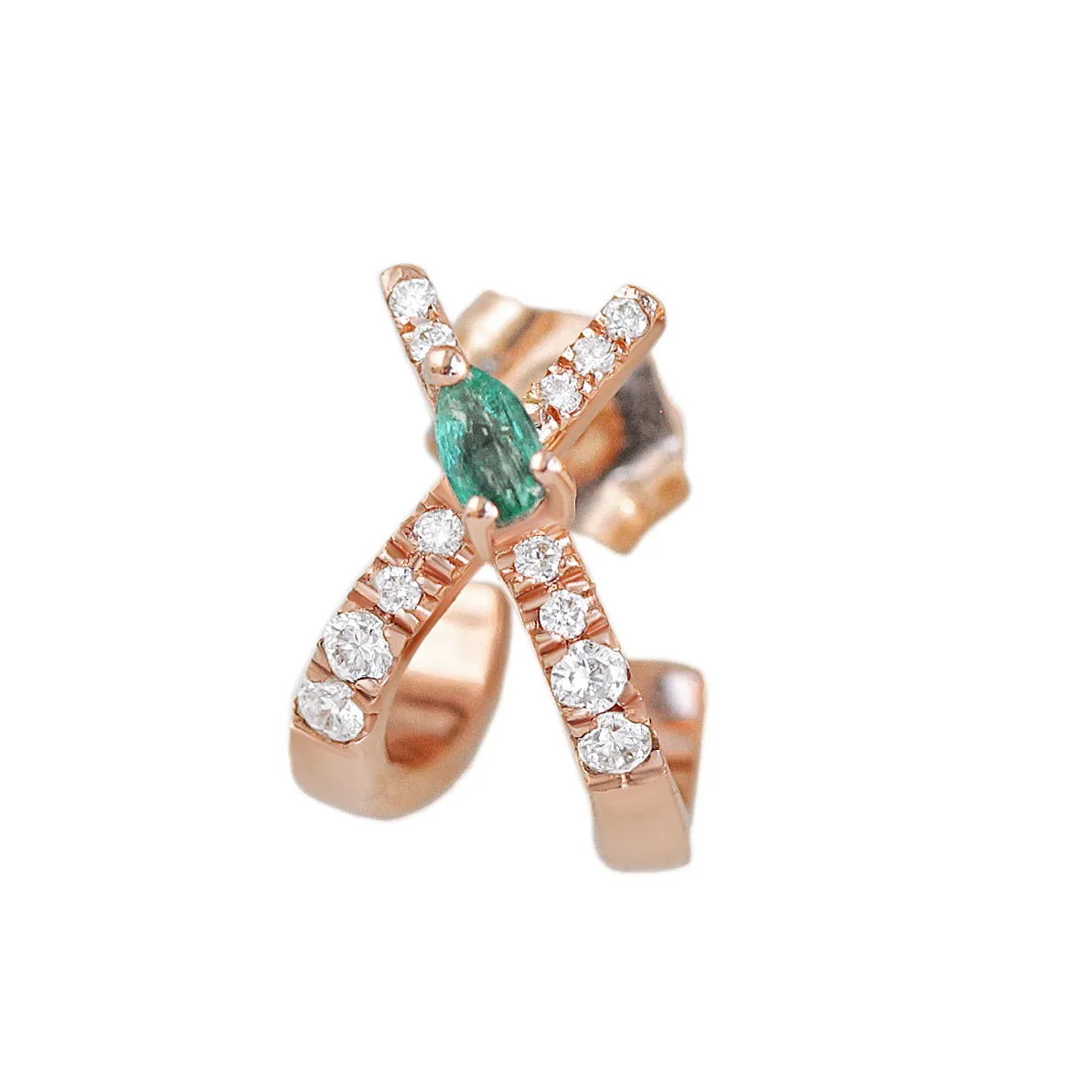 X Huggie Diamond Earrings with Pear-Shaped Emerald