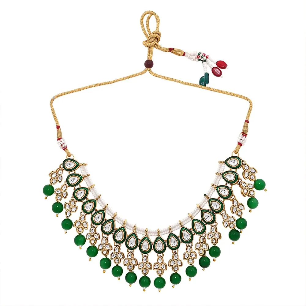 Yellow Chimes Jewellery Set for Women and Girls Kundan Necklace Set Gold Plated Kundan Studded Green Beads Drop Choker Necklace Set | Birthday Gift for girls and women Anniversary Gift for Wife