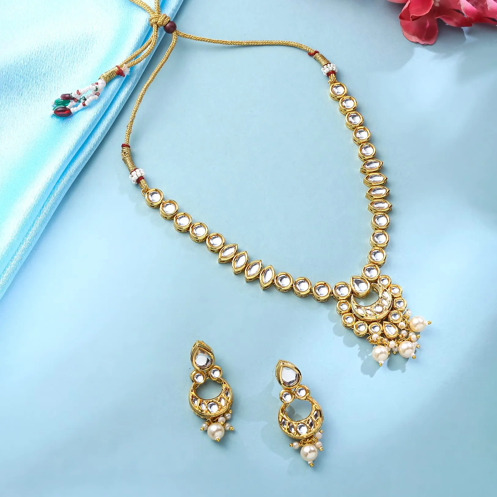 Yellow Chimes Jewellery Set for Women and Girls Kundan Necklace Set Gold Plated Kundan Studded White Beads Drop Choker Necklace Set | Birthday Gift for girls and women Anniversary Gift for Wife