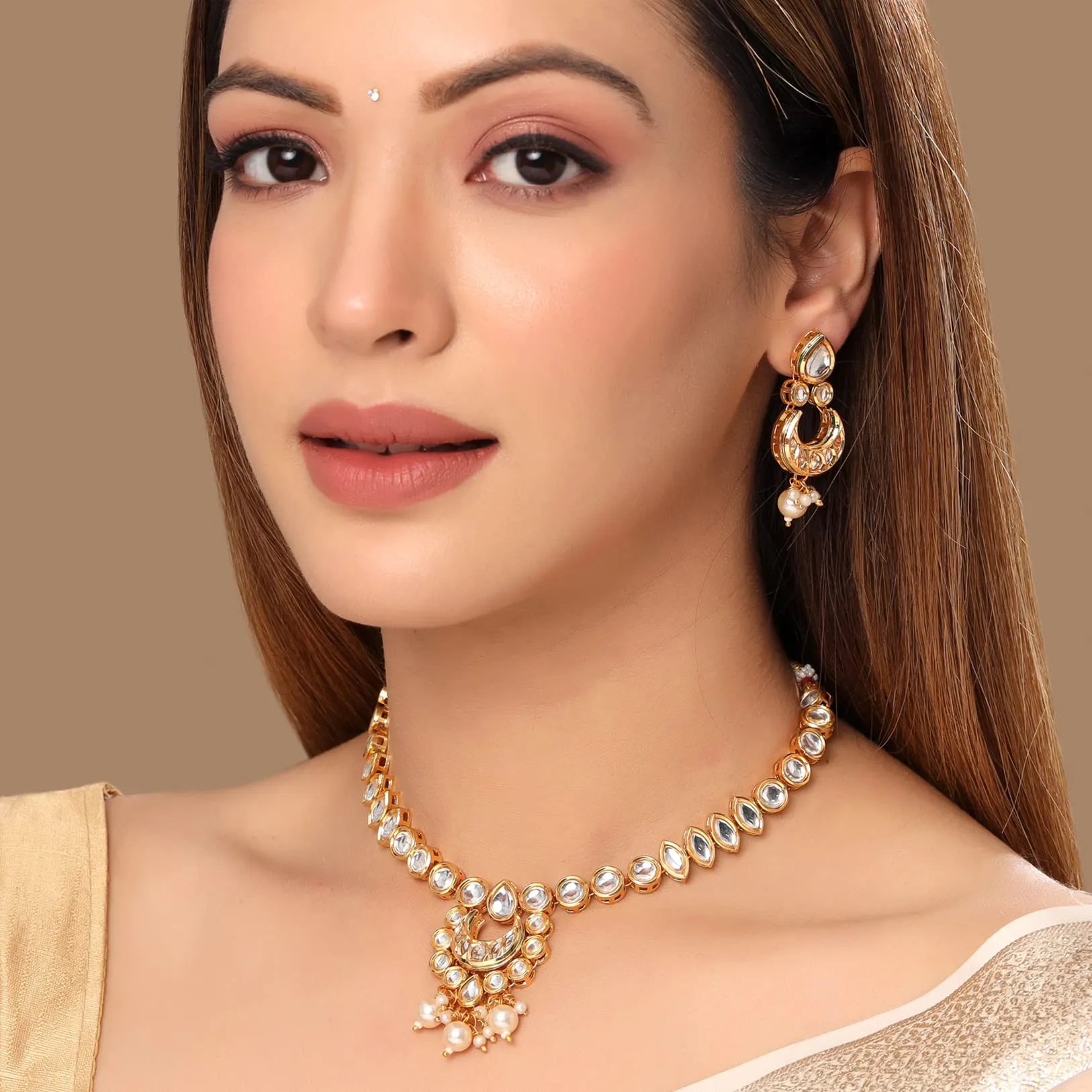 Yellow Chimes Jewellery Set for Women and Girls Kundan Necklace Set Gold Plated Kundan Studded White Beads Drop Choker Necklace Set | Birthday Gift for girls and women Anniversary Gift for Wife