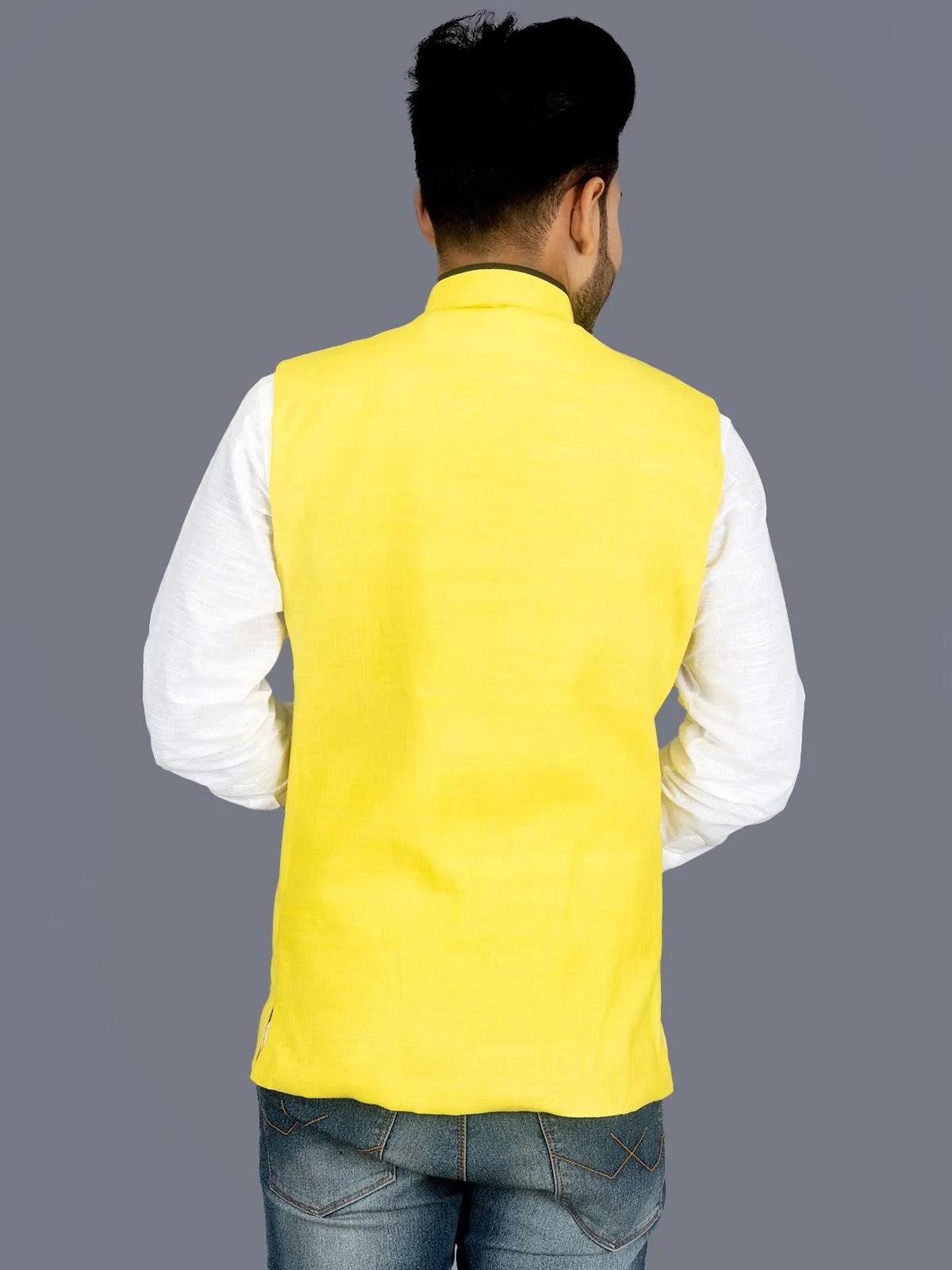 Yellow Solid Matka Silk Modi Jacket